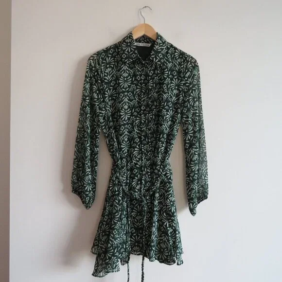 ZARA Sheer Leaf Print Belted Button Front Dress in Forest Green Boho - Size S - Picture 3 of 16